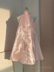 Cute A Line Halter Pink Travel Vacation Dresses Short Satin Birthday Dress