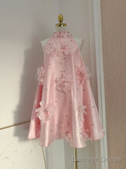 Cute A Line Halter Pink Travel Vacation Dresses Short Satin Birthday Dress