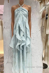 Cute A Line Halter Ruffled Floral Blue Summer Holiday Dresses WomenS Long Vacation Dresses