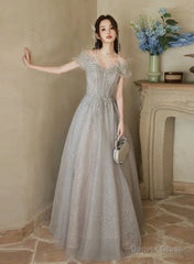 Cute A-line Light Grey Off Shoulder Shiny Tulle Prom Dress, Light Grey Party Dress
