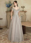 Cute A Line Light Grey Off Shoulder Shiny Tulle Prom Dress, Light Grey Prom Dresses