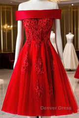 Cute A Line Off Shoulder Short Red Lace Prom Dresses, Short Red Bridesmaid Dresses, Graduation Dresses