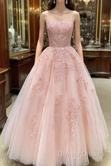 Cute A Line Pink Lace Appliques Lace Prom Dresses