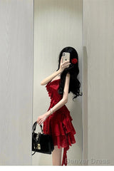 Cute A Line Spaghetti Straps Red Short Ruffles Skirt Birthday Dresses Birthday Outfits