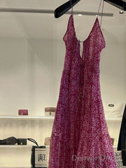 Cute A Line Straps Ruffled Hot Pink Floor Length Floral Beach Dress WomenS Vacation Dresses