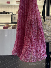 Cute A Line Straps Ruffled Hot Pink Floor Length Floral Beach Dress WomenS Vacation Dresses