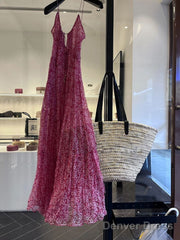 Cute A Line Straps Ruffled Hot Pink Floor Length Floral Beach Dress WomenS Vacation Dresses