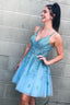 Cute A Line V Neck Light Blue Short Homecoming Dresses with Appliques