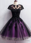 Cute Black And Purple Tulle Short Sleeves Prom Dress, Tulle Short Homecoming Dresses