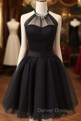 Cute Black Tulle Halter Short Homecoming Dresses, Black Prom Dresses