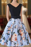 Cute Blue Floral And Black Satin Homecoming Dress In Stock, Lovely Prom Dresses For Teens