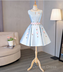 Cute Blue Satin Short Homecoming Dresses Party Dresses, Blue Prom Dresses With Flowers