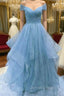Cute Blue Tulle Sweetheart Layers Long Prom Dress, Blue Prom Gowns Prom Dresses