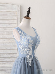 Cute Blue V Neck Tulle Lace Applique Short Prom Dress, Blue Homecoming Dress