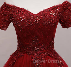 Cute Burgundy Off Shoulder Tulle Party Dresses, Wine Red Homecoming Dresses