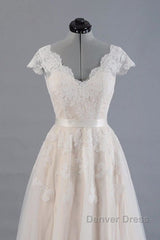 Cute Cap Sleeve V-neck Lace Tulle Wedding Dresses