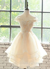 Cute Champagne Organza Layers Knee Length Homecoming Dresses with Lace, Short Prom Dresses