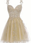 Cute Champagne Tulle Short Lace Homecoming Dress, Sweetheart Knee Length Prom Dresses
