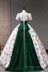 Cute Cherry Pattern Long Princess Prom Dresses, White A-Line Evening Party Dresses