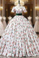 Cute Cherry Pattern Long Princess Prom Dresses, White A-Line Evening Party Dresses