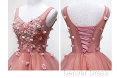 Cute Dark Pearl Pink Knee Length V-Neckline Flower Homecoming Dresses, New Party Dresses