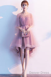 Cute Dark Pink High Low Tulle Round Neckline Party Dress, Short Pink Homecoming Dresses
