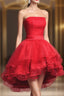 Cute Dark Red Tulle And Lace High Low Homecoming Dress, Short Prom Dresses