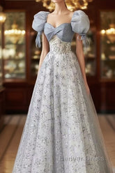 Cute Floral Printed Long Prom Dresses A Line Puff Sleeves Blue Party Gown
