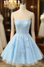 Cute Glitter Blue Homecoming Dress A Line Sequins Short Prom Dresses with Appliques