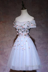 Cute Gray Blue Tulle Short Prom Dresses, Off The Shoulder Homecoming Dresses