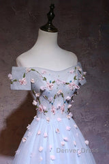 Cute Gray Blue Tulle Short Prom Dresses, Off The Shoulder Homecoming Dresses