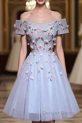 Cute Gray Blue Tulle Short Prom Dresses, Off The Shoulder Homecoming Dresses