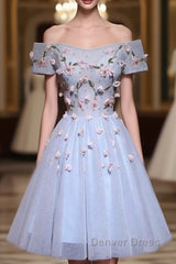 Cute Gray Blue Tulle Short Prom Dresses, Off The Shoulder Homecoming Dresses