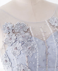 Cute Gray Round Neck Lace Tulle Short Prom Dress, Homecoming Dress