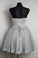 Cute Gray Tulle Lace Short Prom Dresses, Gray Homecoming Dresses