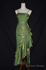 Cute Green Straps High Low Satin Chic Party Dress, Green Prom Dress Evening Dress
