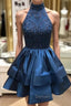 Cute High Neck Sequin Beaded Short Blue Prom Dress, Blue Homecoming Dresses