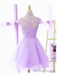 Cute High Neckline Lavender Short Graduation Dress, Short Prom Dress