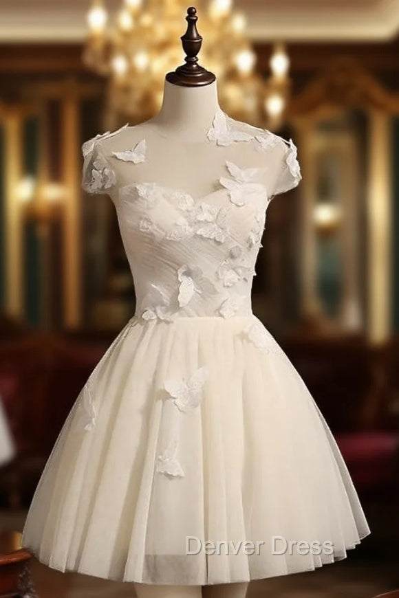 Cute Ivory Tulle Cap Sleeves Cute Homecoming Dress Graduation Dress, S