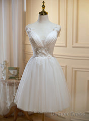 Cute Ivory Tulle V-Neckline Short Party Dress, A-Line Graduation Dress Prom Dress
