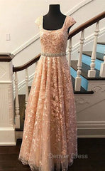 Cute Lace Champagne Prom Dresses, Lace Evening Dresses