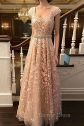 Cute Lace Champagne Prom Dresses, Lace Evening Dresses
