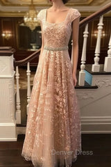 Cute Lace Champagne Prom Dresses, Lace Evening Dresses