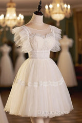 Cute Lace Short A-Line Prom Dresses, Champagne Mini Homecoming Party Dresses