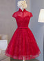 Cute Lace Short Cap Sleeves Homecoming Dress, Red Short Prom Dresses
