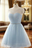 Cute Light Blue Homecoming Dress With Belt, Lovely Short Prom Dresses