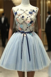 Cute Light Blue Short Tulle Homecoming Dresses, Blue Prom Dresses