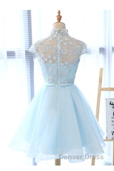 Cute Light Blue Tulle With Lace Party Dresses , Beautiful Short Classical Formal Dresses