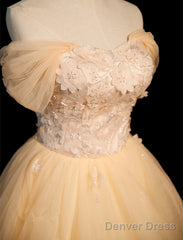 Cute Light Champagne Off Shoulder Sweetheart Prom Dress, Light Champagne Party Dress