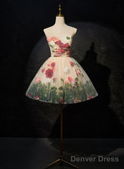 Cute Light Champagne Tulle With Flowers Party Dress, Cute Short Prom Dress Party Dress